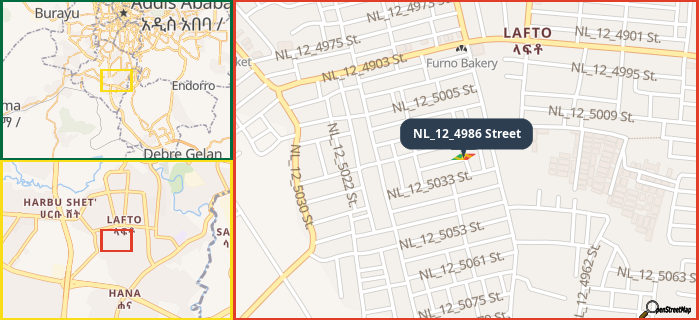 Map showing the address of NL_12_4986 Street in three different zoom levels.