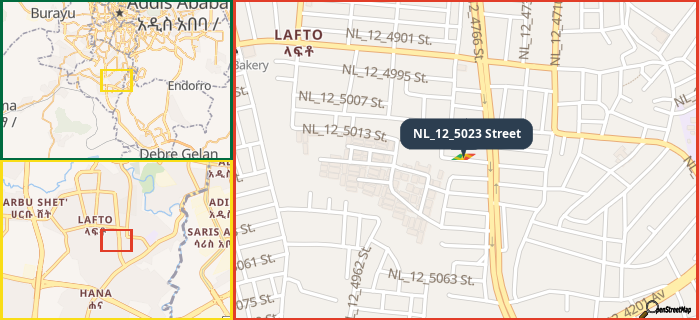 Map showing the address of NL_12_5023 Street in three different zoom levels.