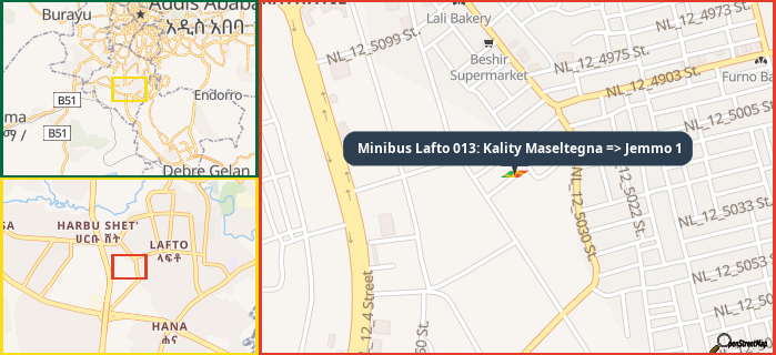 Map showing the address of Minibus Lafto 013: Kality Maseltegna => Jemmo 1 in three different zoom levels.