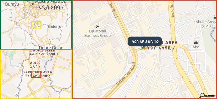 Map showing the address of ሳሪስ አቦ ታክሲ ተራ in three different zoom levels.