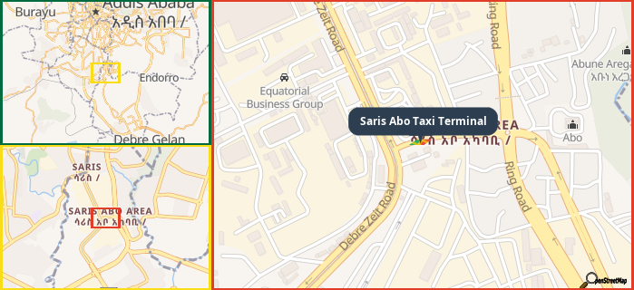 Map showing the address of Saris Abo Taxi Terminal in three different zoom levels.