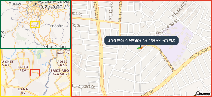 Map showing the address of ደቡብ ምዕራብ ትምህርት ቤት ላፍቶ ፶፰ ቅርንጫፍ in three different zoom levels.