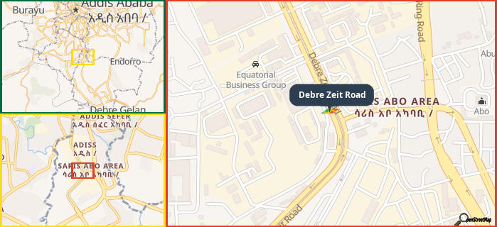 Map showing the address of Debre Zeit Road in three different zoom levels.