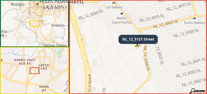 Map showing the address of NL_12_5121 Street in three different zoom levels.