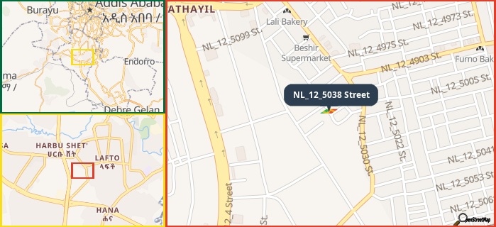 Map showing the address of NL_12_5038 Street in three different zoom levels.