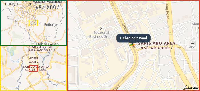 Map showing the address of Debre Zeit Road in three different zoom levels.
