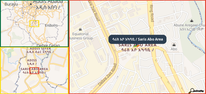 Map showing the address of ሳሪስ አቦ አካባቢ / Saris Abo Area in three different zoom levels.