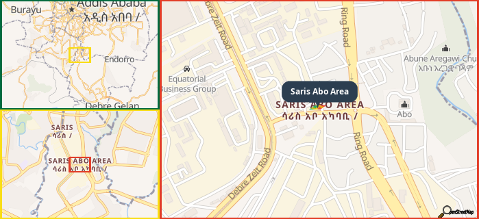 Map showing the address of Saris Abo Area in three different zoom levels.