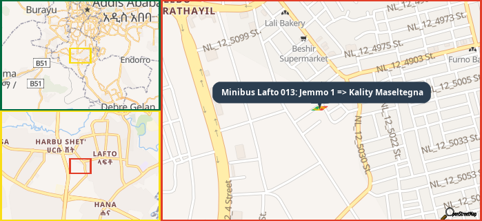 Map showing the address of Minibus Lafto 013: Jemmo 1 => Kality Maseltegna in three different zoom levels.