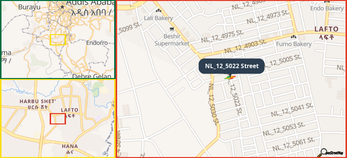 Map showing the address of NL_12_5022 Street in three different zoom levels.