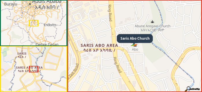 Map showing the address of Saris Abo Church in three different zoom levels.