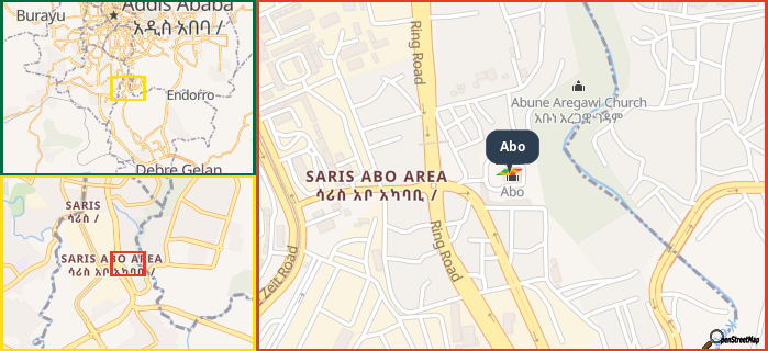 Map showing the address of Abo in three different zoom levels.