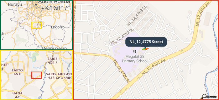 Map showing the address of NL_12_4775 Street in three different zoom levels.