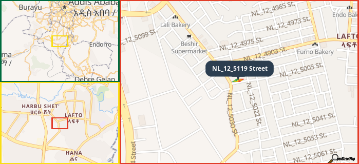 Map showing the address of NL_12_5119 Street in three different zoom levels.