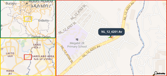 Map showing the address of NL_12_4201 Av in three different zoom levels.