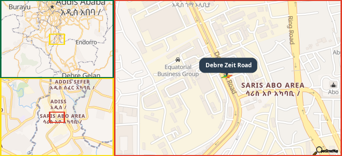 Map showing the address of Debre Zeit Road in three different zoom levels.