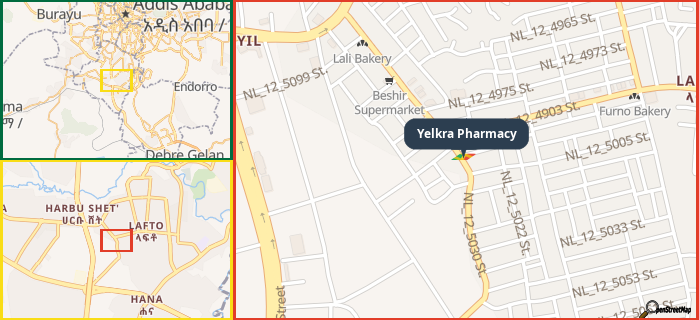 Map showing the address of Yelkra Pharmacy in three different zoom levels.
