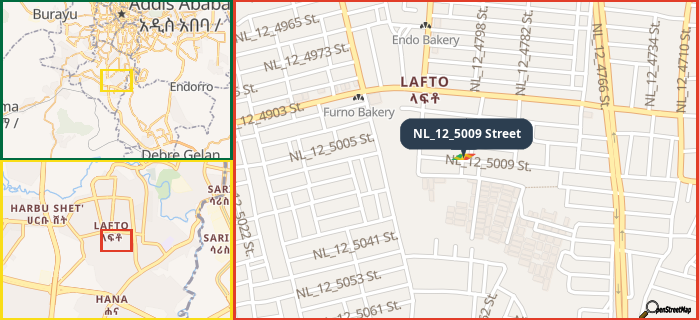 Map showing the address of NL_12_5009 Street in three different zoom levels.