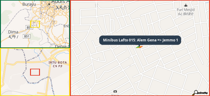 Map showing the address of Minibus Lafto 015: Alem Gena => Jemmo 1 in three different zoom levels.