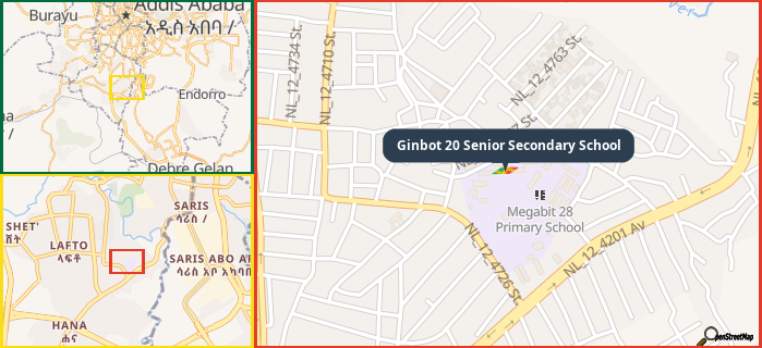 Map showing the address of Ginbot 20 Senior Secondary School in three different zoom levels.