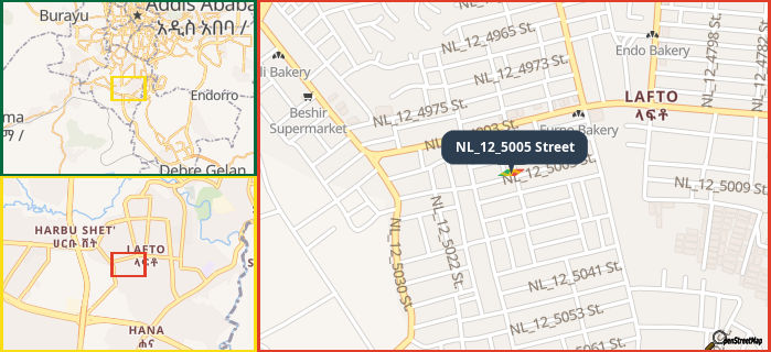 Map showing the address of NL_12_5005 Street in three different zoom levels.