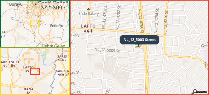 Map showing the address of NL_12_5003 Street in three different zoom levels.