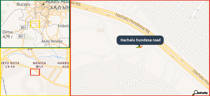 Map showing the address of Hachalu hundesa road in three different zoom levels.