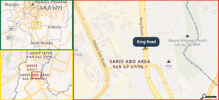 Map showing the address of Ring Road in three different zoom levels.