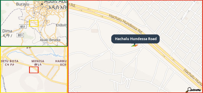 Map showing the address of Hachalu Hundessa Road in three different zoom levels.