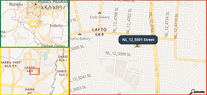 Map showing the address of NL_12_5001 Street in three different zoom levels.