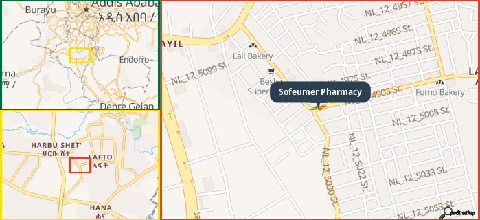 Map showing the address of Sofeumer Pharmacy in three different zoom levels.