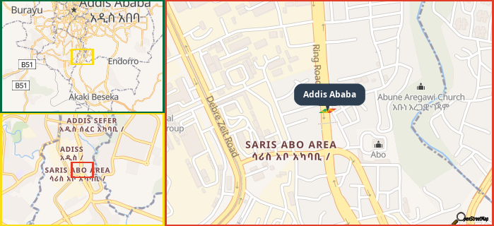 Map showing the address of Addis Ababa in three different zoom levels.
