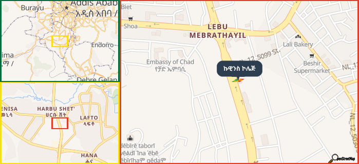Map showing the address of ኩዊንስ ኮሌጅ in three different zoom levels.