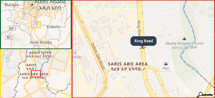 Map showing the address of Ring Road in three different zoom levels.
