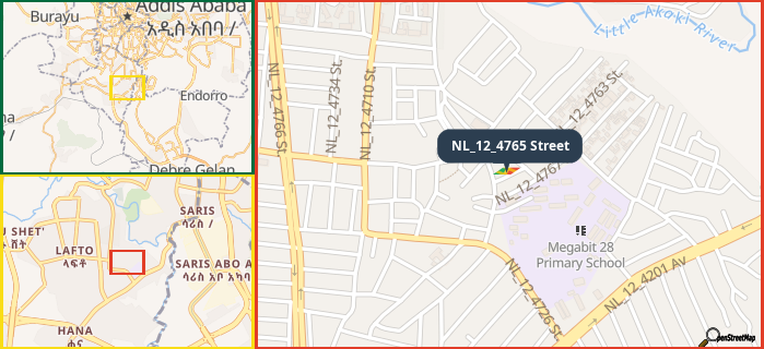 Map showing the address of NL_12_4765 Street in three different zoom levels.