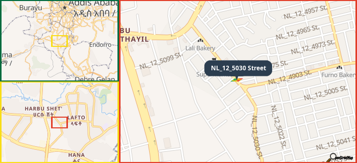 Map showing the address of NL_12_5030 Street in three different zoom levels.