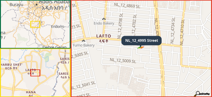 Map showing the address of NL_12_4995 Street in three different zoom levels.