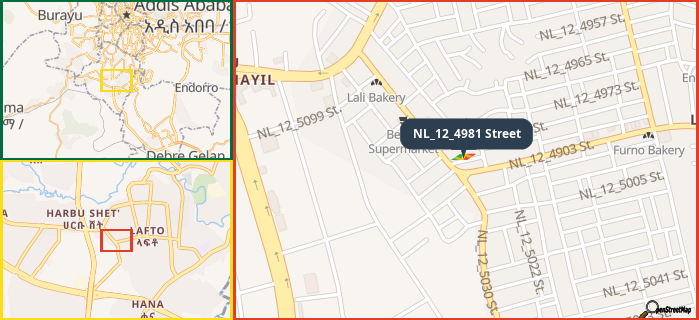 Map showing the address of NL_12_4981 Street in three different zoom levels.