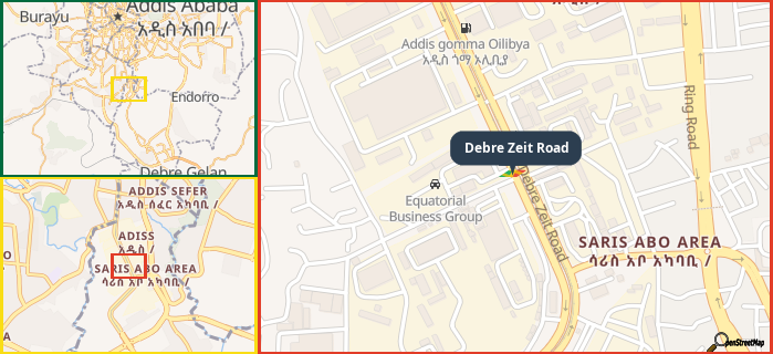 Map showing the address of Debre Zeit Road in three different zoom levels.