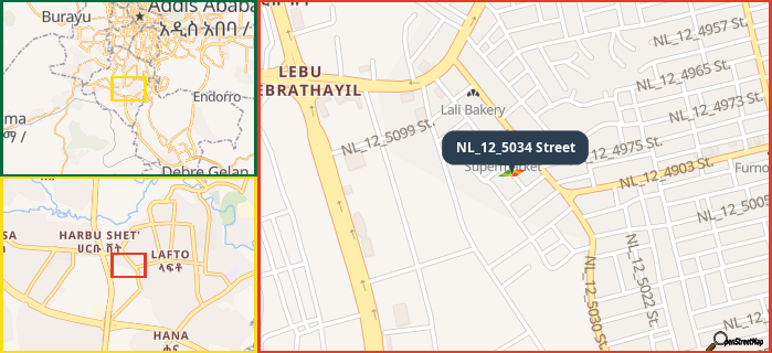 Map showing the address of NL_12_5034 Street in three different zoom levels.