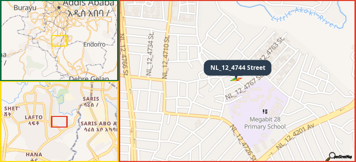 Map showing the address of NL_12_4744 Street in three different zoom levels.