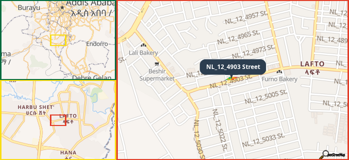 Map showing the address of NL_12_4903 Street in three different zoom levels.