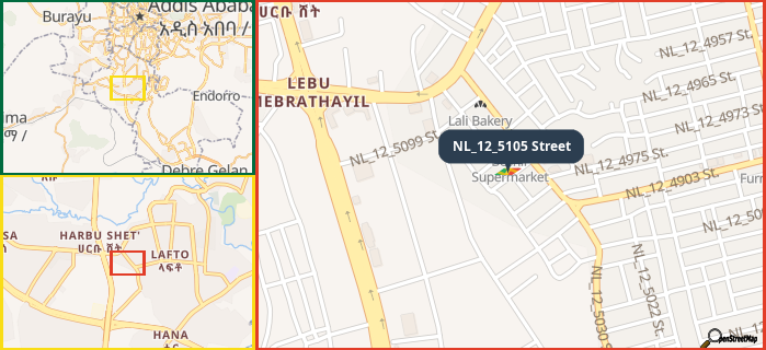 Map showing the address of NL_12_5105 Street in three different zoom levels.