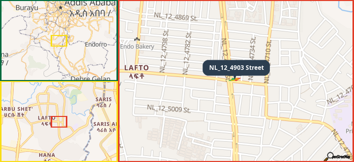 Map showing the address of NL_12_4903 Street in three different zoom levels.