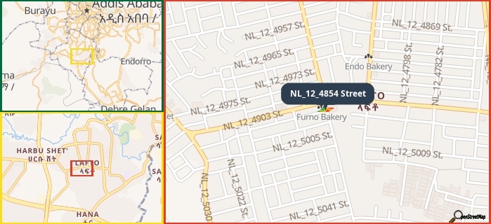 Map showing the address of NL_12_4854 Street in three different zoom levels.