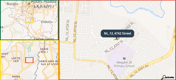 Map showing the address of NL_12_4742 Street in three different zoom levels.