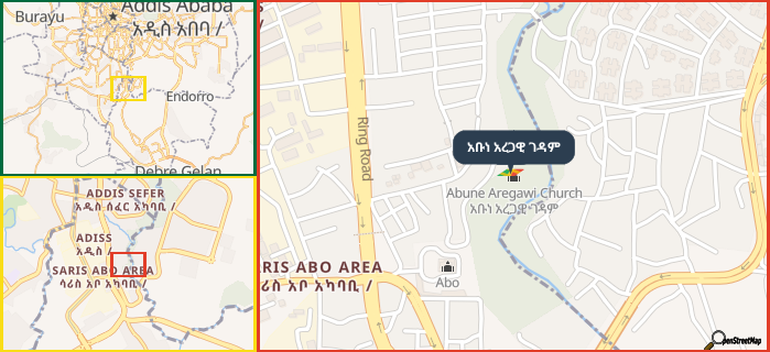 Map showing the address of አቡነ አረጋዊ ገዳም in three different zoom levels.