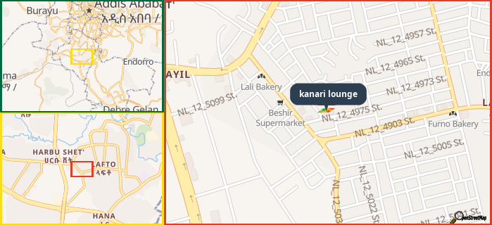 Map showing the address of kanari lounge in three different zoom levels.