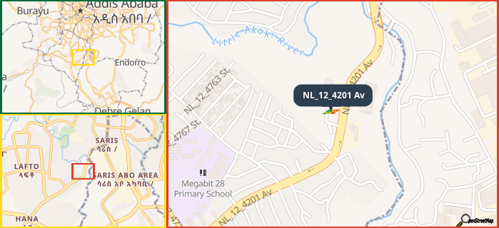 Map showing the address of NL_12_4201 Av in three different zoom levels.