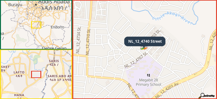 Map showing the address of NL_12_4740 Street in three different zoom levels.